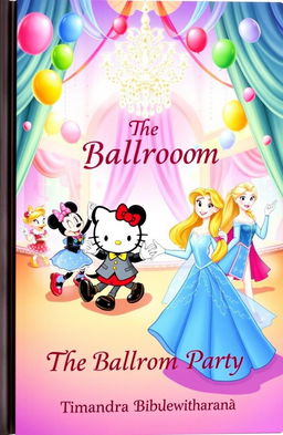 A whimsical and colorful children's storybook cover titled 'The Ballroom Party', featuring beloved characters such as Hello Kitty, Mickey Mouse, Minnie Mouse, Daisy Duck, Rapunzel, Elsa, and Anna