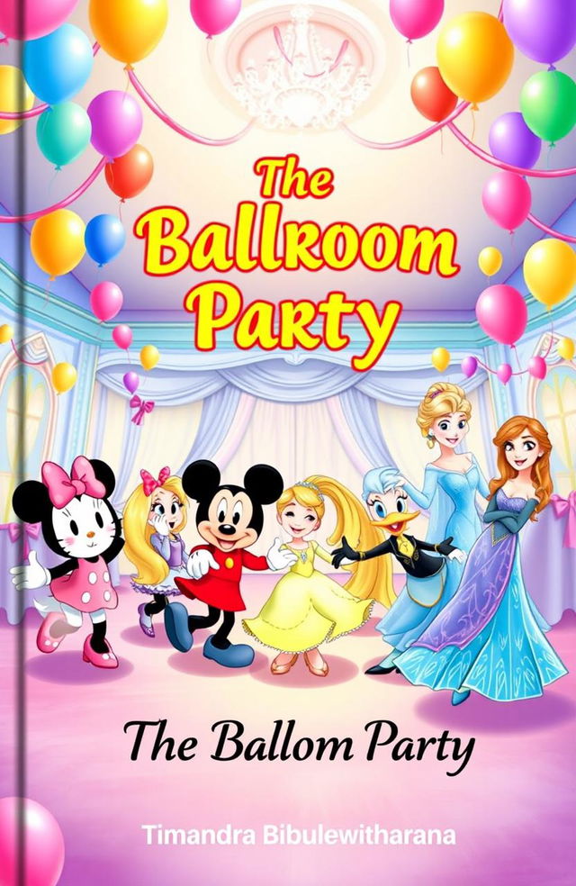 A whimsical and colorful children's storybook cover titled 'The Ballroom Party', featuring beloved characters such as Hello Kitty, Mickey Mouse, Minnie Mouse, Daisy Duck, Rapunzel, Elsa, and Anna