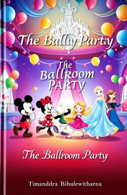 A whimsical and colorful children's storybook cover titled 'The Ballroom Party', featuring beloved characters such as Hello Kitty, Mickey Mouse, Minnie Mouse, Daisy Duck, Rapunzel, Elsa, and Anna