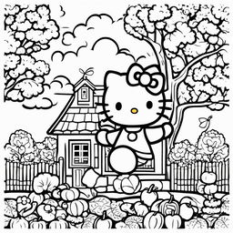 Black and white Hello Kitty themed colouring book page featuring Hello Kitty, her house, an apple tree, and a cloud.