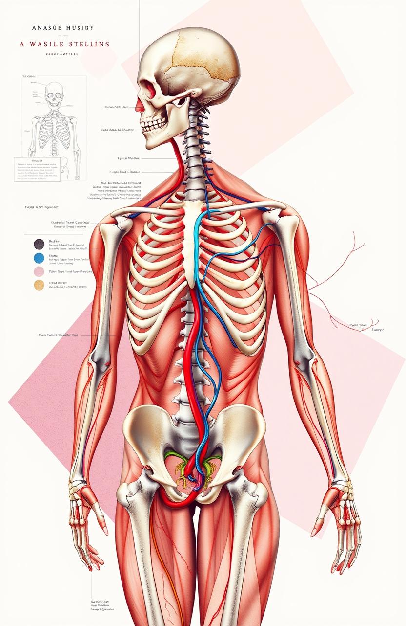 A detailed and artistic representation of human anatomy, showcasing the muscular, skeletal, and circulatory systems in a creative and visually engaging way