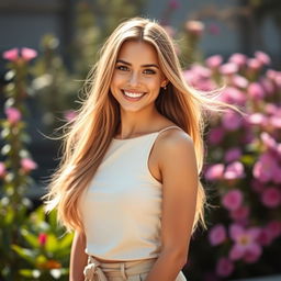 A stunningly beautiful woman in her mid-20s, radiating youthful energy and charm