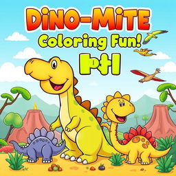 A lively and adorable book cover for a dinosaur-themed coloring book for kids