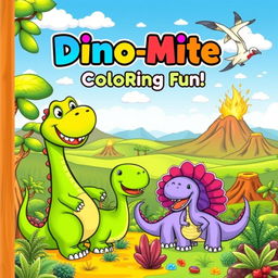 A lively and adorable book cover for a dinosaur-themed coloring book for kids