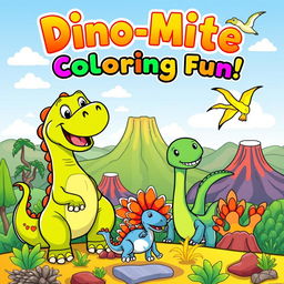 A lively and adorable book cover for a dinosaur-themed coloring book for kids