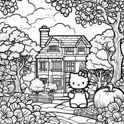 Black and white Hello Kitty themed colouring book page featuring Hello Kitty, her house, an apple tree, and a cloud.