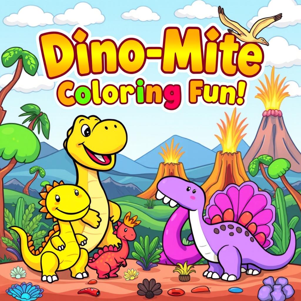 A lively and adorable book cover for a dinosaur-themed coloring book for kids