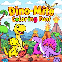 A lively and adorable book cover for a dinosaur-themed coloring book for kids