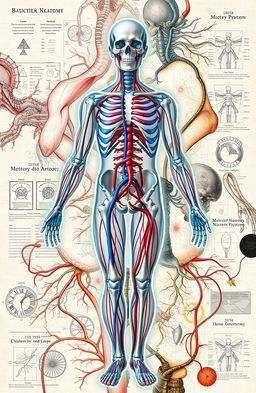 A detailed and artistic representation of human anatomy and physiology, showcasing various systems such as skeletal, muscular, circulatory, and nervous systems intertwined creatively