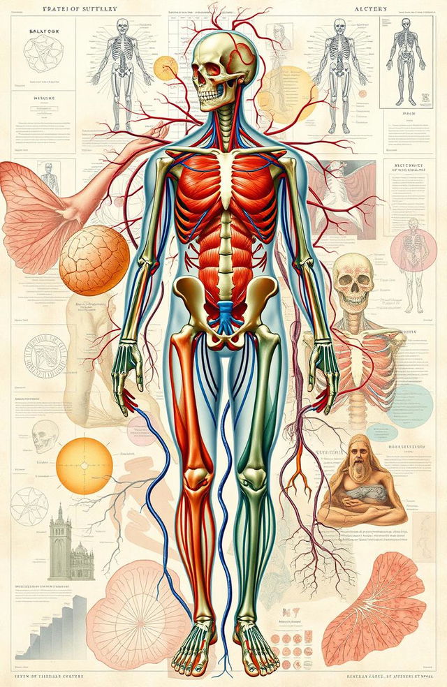 A detailed and artistic representation of human anatomy and physiology, showcasing various systems such as skeletal, muscular, circulatory, and nervous systems intertwined creatively