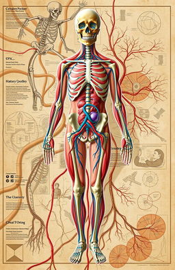 A detailed and artistic representation of human anatomy and physiology, showcasing various systems such as skeletal, muscular, circulatory, and nervous systems intertwined creatively