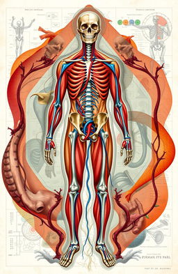 A detailed and artistic representation of human anatomy and physiology, showcasing various systems such as skeletal, muscular, circulatory, and nervous systems intertwined creatively