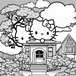 Black and white Hello Kitty themed colouring book page featuring Hello Kitty, her house, an apple tree, and a cloud.