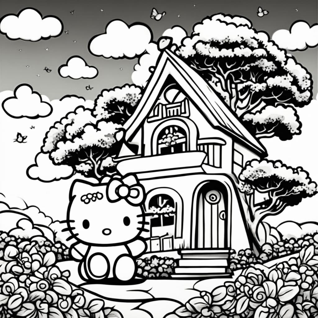 Black and white Hello Kitty themed colouring book page featuring Hello Kitty, her house, an apple tree, and a cloud.