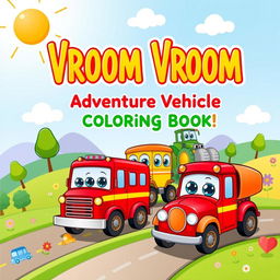 A charming and playful book cover for a vehicle-themed coloring book designed for children