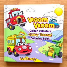 A charming and playful book cover for a vehicle-themed coloring book designed for children