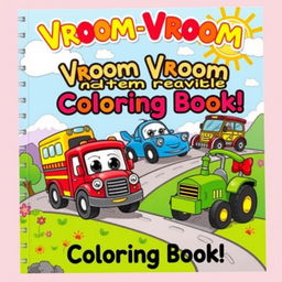 A charming and playful book cover for a vehicle-themed coloring book designed for children