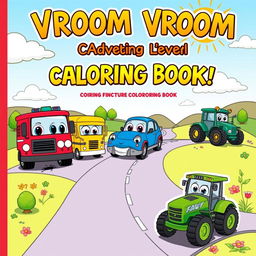 A charming and playful book cover for a vehicle-themed coloring book designed for children