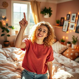 A young blonde woman with curly hair joyfully pointing upwards in her cozy bedroom