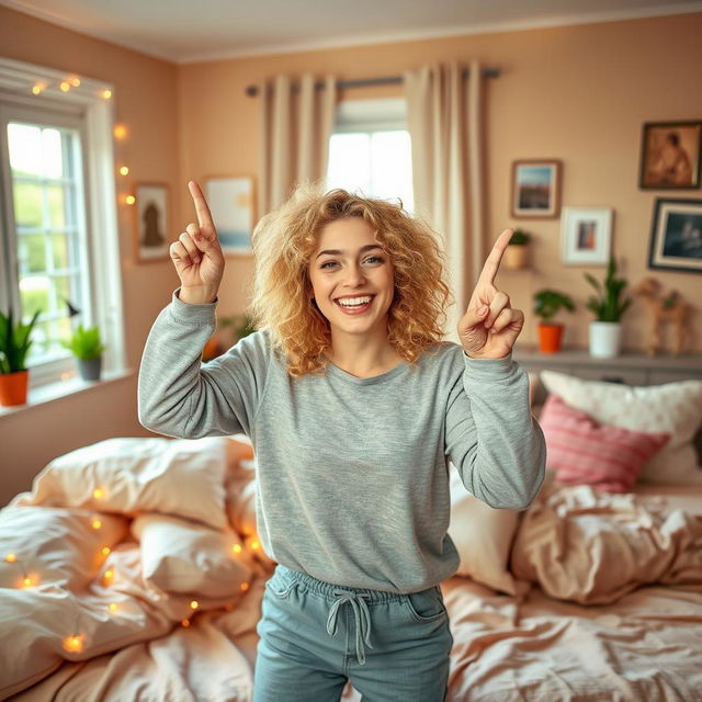 A young blonde woman with curly hair joyfully pointing upwards in her cozy bedroom