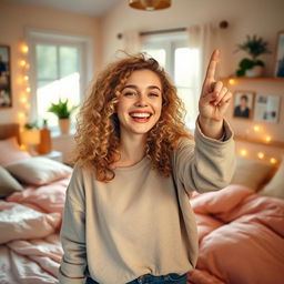 A young blonde woman with curly hair joyfully pointing upwards in her cozy bedroom
