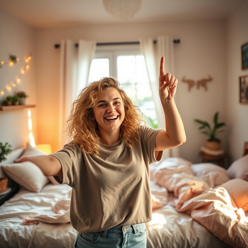 A young blonde woman with curly hair joyfully pointing upwards in her cozy bedroom