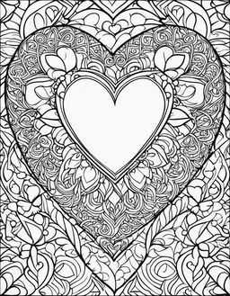 Coloring book page featuring a large intricate heart surrounded by smaller uniquely designed hearts and a border of interlocking hearts