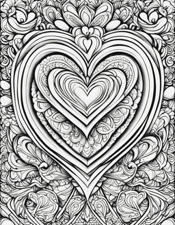 Coloring book page featuring a large intricate heart surrounded by smaller uniquely designed hearts and a border of interlocking hearts