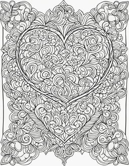 Coloring book page featuring a large intricate heart surrounded by smaller uniquely designed hearts and a border of interlocking hearts