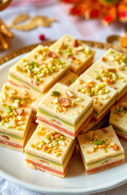 A beautifully arranged plate of Kaner ki Barfi, a traditional Indian sweet, featuring delicate layers of colorful, mouth-watering fudge