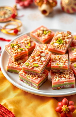 A beautifully arranged plate of Kaner ki Barfi, a traditional Indian sweet, featuring delicate layers of colorful, mouth-watering fudge