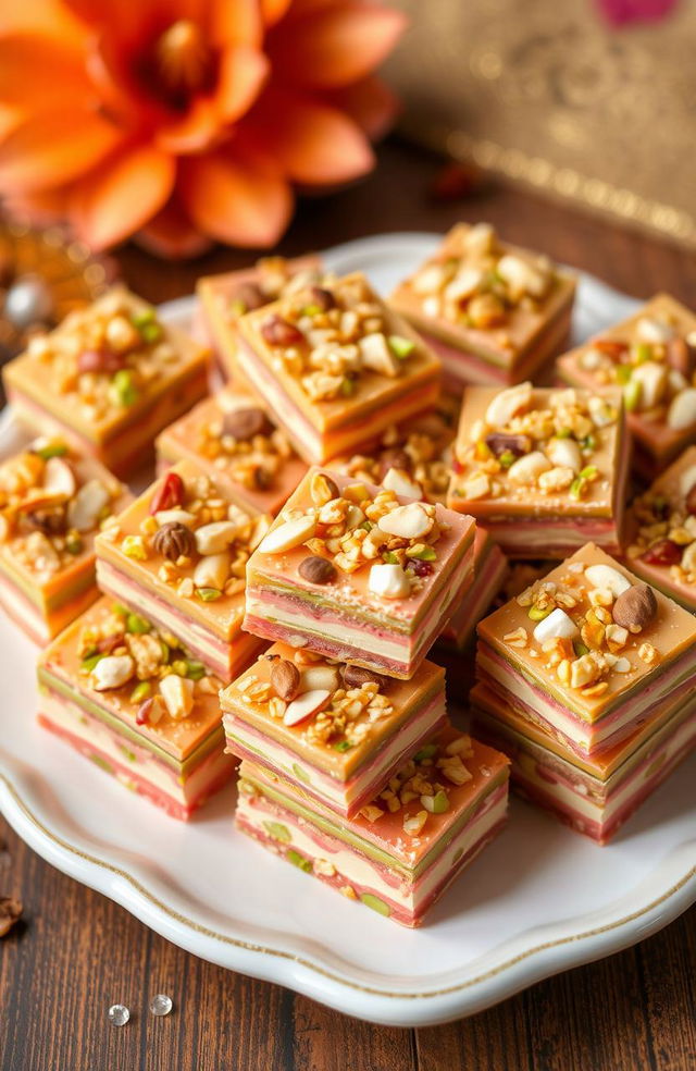 A beautifully arranged plate of Kaner ki Barfi, a traditional Indian sweet, featuring delicate layers of colorful, mouth-watering fudge