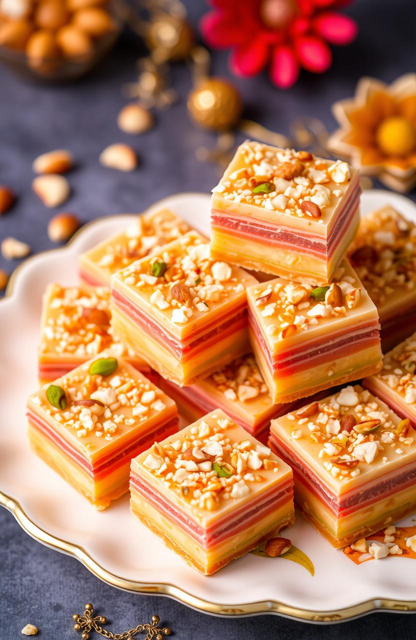 A beautifully arranged plate of Kaner ki Barfi, a traditional Indian sweet, featuring delicate layers of colorful, mouth-watering fudge