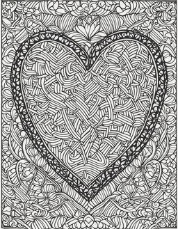 Coloring book page featuring a large intricate heart surrounded by smaller uniquely designed hearts and a border of interlocking hearts