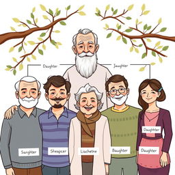 A family tree illustration depicting the Sudak family with six members