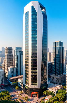 A stunning pentagon-shaped high-rise building standing tall in a bustling concrete jungle, representing the city of Gurgaon, India