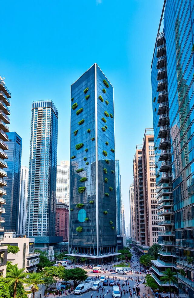 A stunning pentagon-shaped high-rise building standing tall in a bustling concrete jungle, representing the city of Gurgaon, India