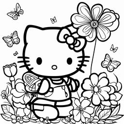 Black and white Hello Kitty themed colouring book page featuring Hello Kitty, a balloon, a butterfly, and a flower.