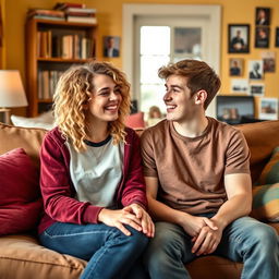 A young blonde woman with curly hair and a young man sitting together in a cozy room