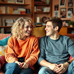 A young blonde woman with curly hair and a young man sitting together in a cozy room