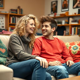 A young blonde woman with curly hair and a young man sitting together in a cozy room