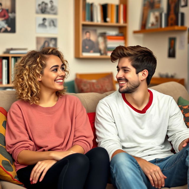 A young blonde woman with curly hair and a young man sitting together in a cozy room