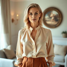 A portrait of a 38-year-old European woman with light hair and light skin, elegantly dressed in stylish, sophisticated attire that reflects her love for fitness without being a traditional sports outfit
