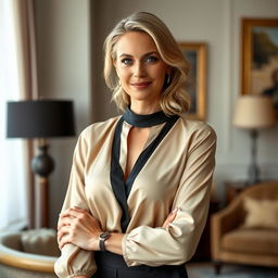 A portrait of a 38-year-old European woman with light hair and light skin, elegantly dressed in stylish, sophisticated attire that reflects her love for fitness without being a traditional sports outfit