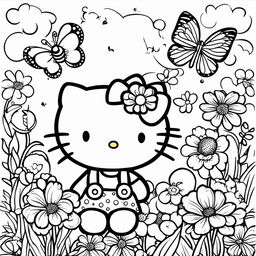 Black and white Hello Kitty themed colouring book page featuring Hello Kitty, a balloon, a butterfly, and a flower.