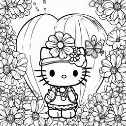 Black and white Hello Kitty themed colouring book page featuring Hello Kitty, a balloon, a butterfly, and a flower.