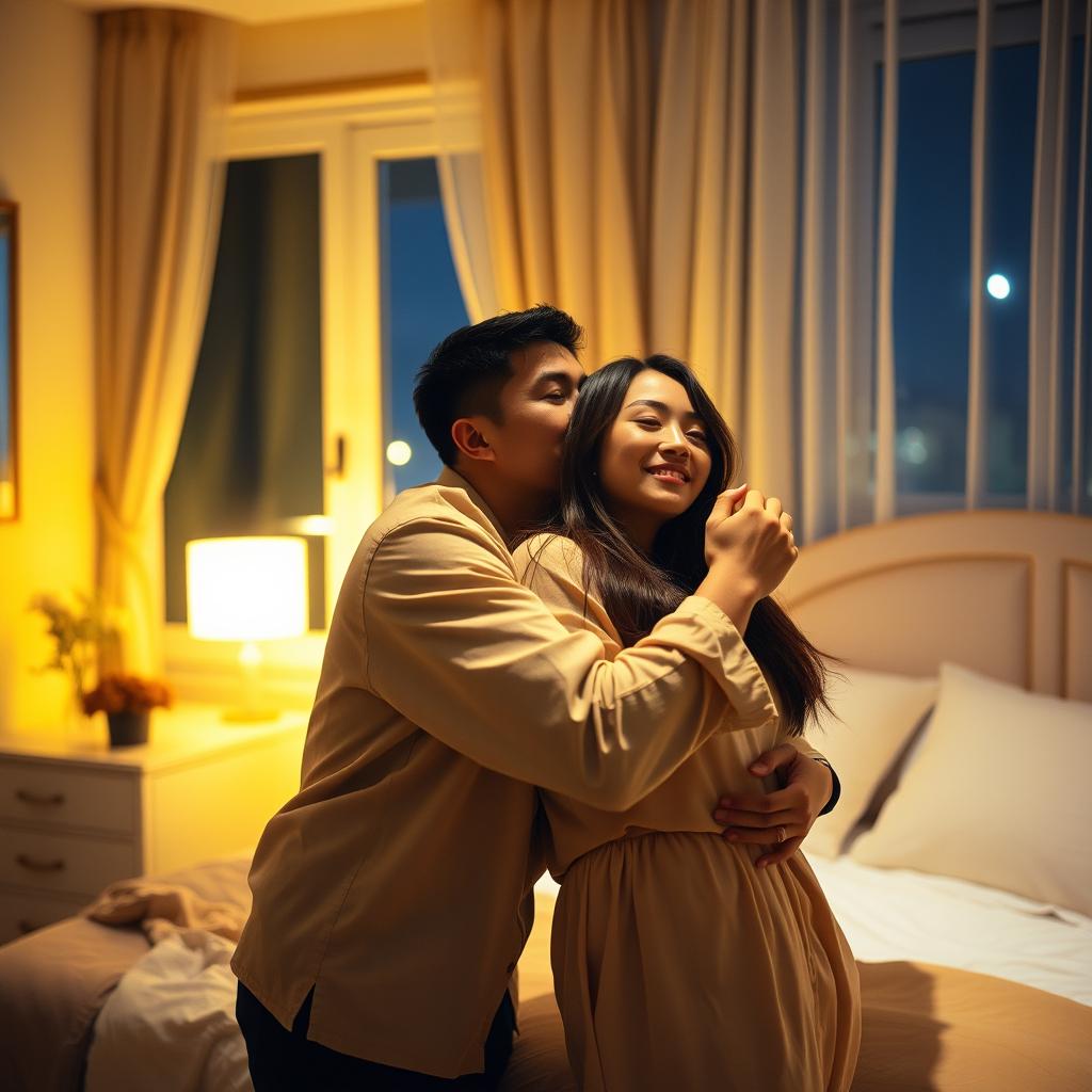 A romantic scene depicting a Chinese man affectionately hugging and kissing a woman in a cozy bedroom, softly illuminated by warm yellow light that creates an intimate and inviting atmosphere