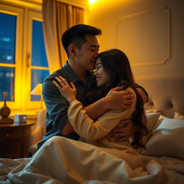 A romantic scene depicting a Chinese man affectionately hugging and kissing a woman in a cozy bedroom, softly illuminated by warm yellow light that creates an intimate and inviting atmosphere