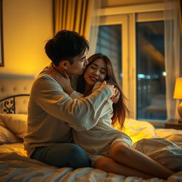A romantic scene depicting a Chinese man affectionately hugging and kissing a woman in a cozy bedroom, softly illuminated by warm yellow light that creates an intimate and inviting atmosphere