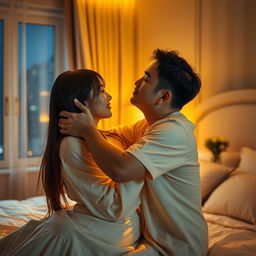A romantic scene depicting a Chinese man affectionately hugging and kissing a woman in a cozy bedroom, softly illuminated by warm yellow light that creates an intimate and inviting atmosphere